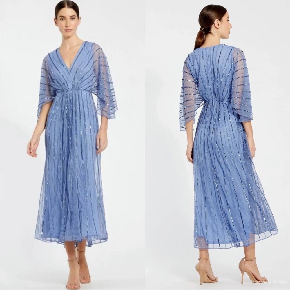 Mac Duggal Beaded V-Neck Stripe Sequin Periwinkle Blue Midi Dress Size 6